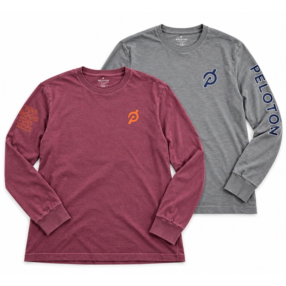 Peloton Mens Long Sleeve Graphic T-Shirt Set of 2 Gray Burgundy Large Cotton